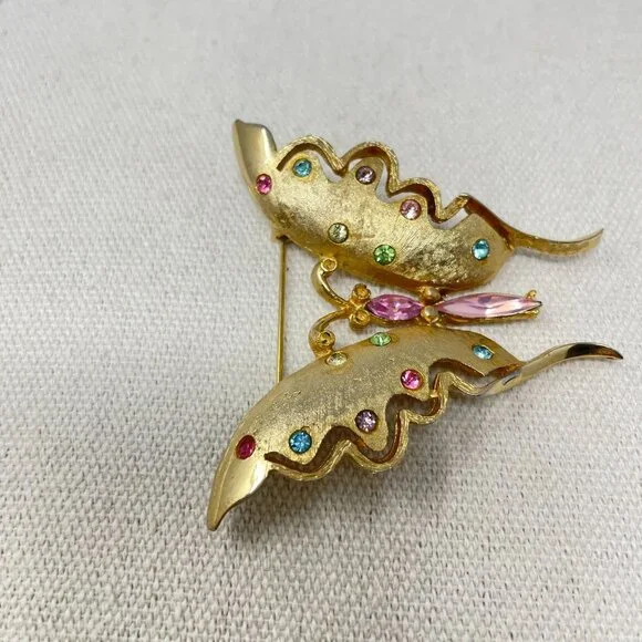 Pell Uranium Glass Butterfly Brooch Vintage Signed Gold-Tone Pink Body